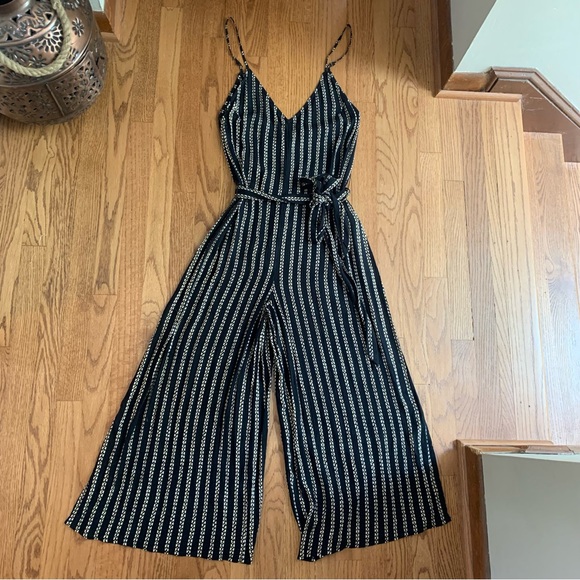 Billabong Black and White Striped V-Neck Cropped Wide-leg Jumpsuit - Picture 1 of 7